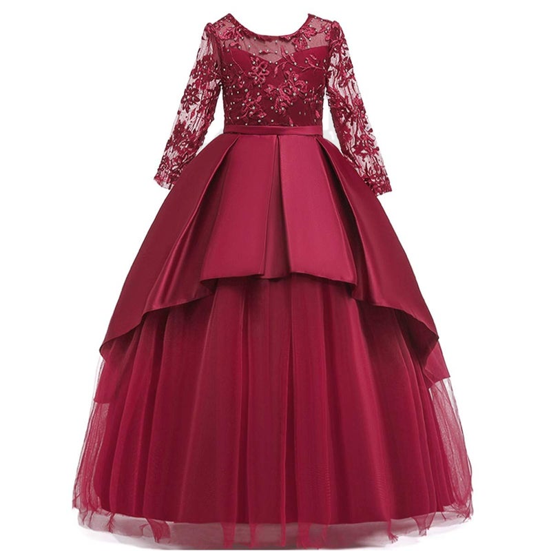 HIHCBF Flower Girl's Embroidery Tulle Lace Maxi Wedding Dress Long Sleeve Princess Birthday Pageant Party Dance Evening Gown Deep Red 11-12T - Image 1